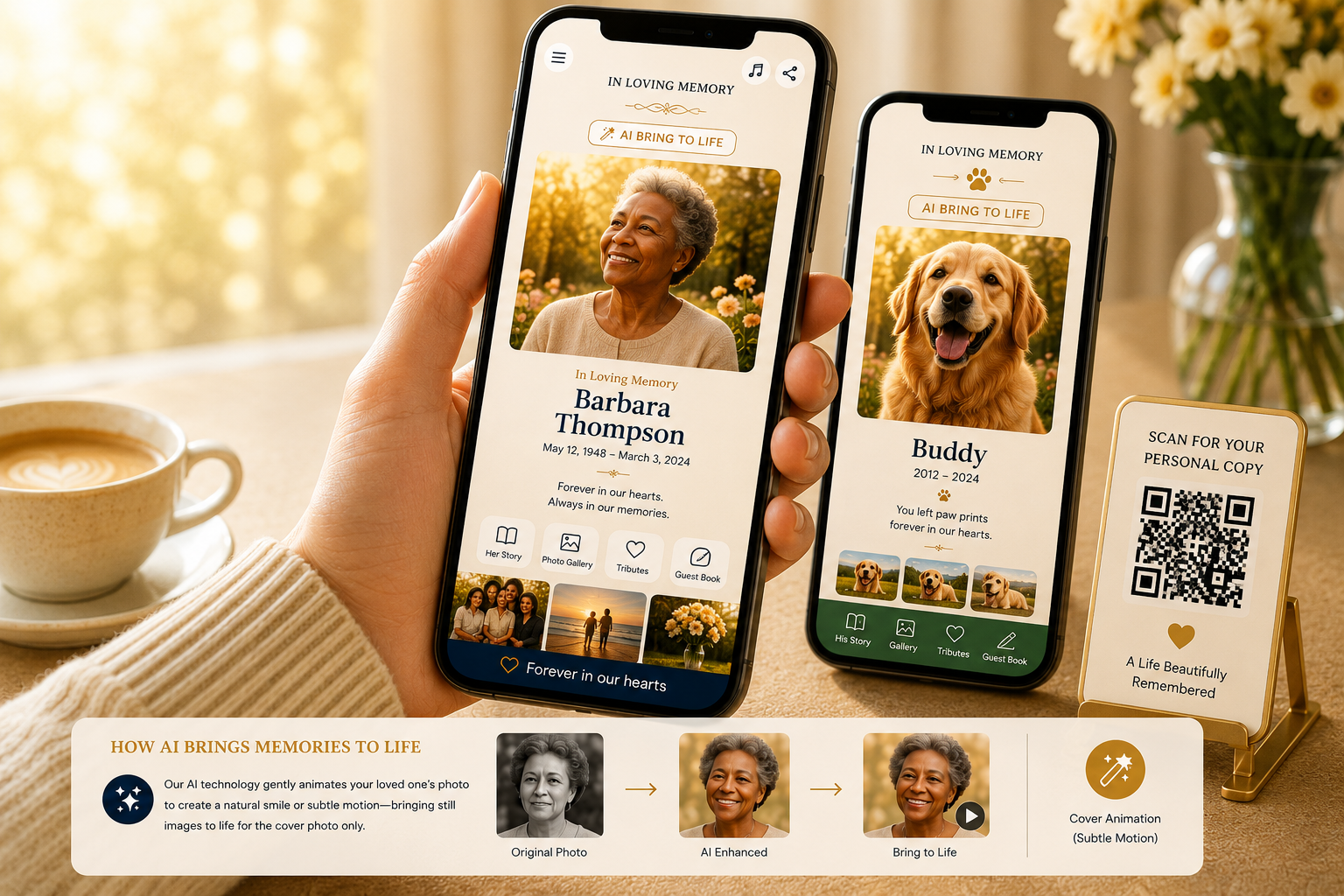 Barbara Thompson and Buddy Interactive Digital Memorial Booklets with AI Bring to Life examples and a personal-copy QR placard